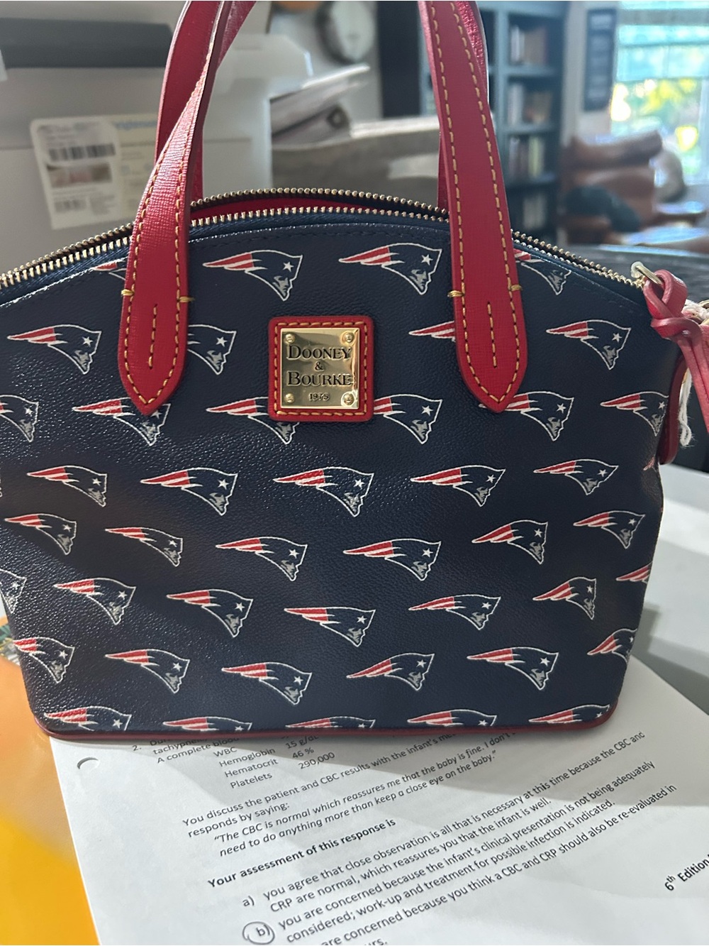 Dooney & Bourke Navy and Red Mini Dome Satchel with Patriots Logo